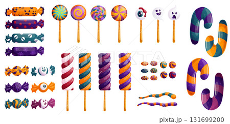 A set of Halloween sweets. Candies, lollipops, marshmallows, caramel sticks. "Trick or treat." Isolated vector illustration on a white background for the design of posters, banners, invitations. 131699200
