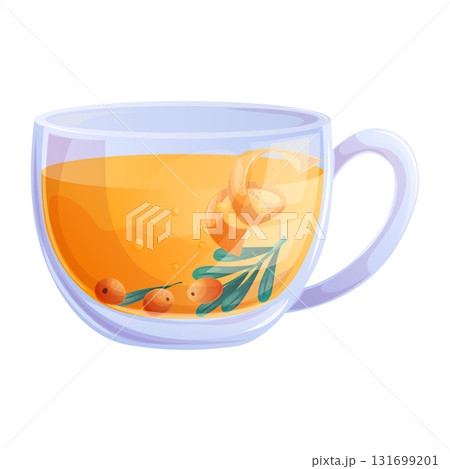 Glass cup with sea buckthorn tea on a white background, The concept of autumn, tea shop, tea party. Isolated vector illustration for the design of poster, banner, website, menu, advertisement 131699201
