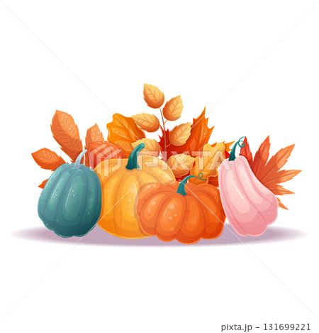 An illustration with elements of autumn, with colorful pumpkins and autumn leaves. Isolated vector illustration for seasonal design of postcards, banners, posters. An illustration with elements of autumn, with colorful pumpkins and autumn leaves. Isolated vector illustration for seasonal design of postcards, banners, posters. 131699221