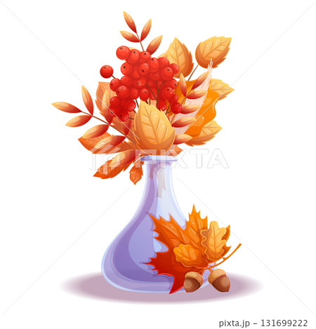 An illustration with elements of autumn, a bouquet of leaves in a glass vase. Maple, oak, mountain ash. Isolated vector illustration for seasonal design of postcards, banners, posters. 131699222