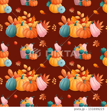 Seamless pattern with colorful pumpkins and autumn leaves. The concept of autumn, Thanksgiving. Vector illustration for seasonal design of postcards, banners, posters and promotions Seamless pattern with colorful pumpkins and autumn leaves. The concept of autumn, Thanksgiving. Vector illustration for seasonal design of postcards, banners, posters and promotions 131699223