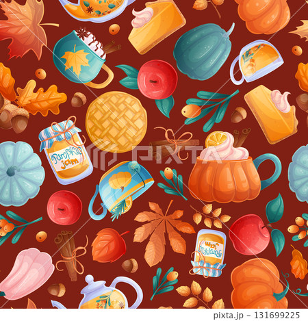 Seamless pattern with autumn elements on a brown background. Pumpkin, apple, jam, pie, leaves, sea buckthorn. Vector illustration for seasonal design of postcards, banners, posters and promotions 131699225