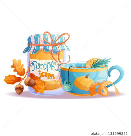 An illustration with elements of autumn, a jar of pumpkin jam, a cup of hot tea and a sprig of acorns. Isolated vector illustration for seasonal design of postcards, banners, posters. 131699231