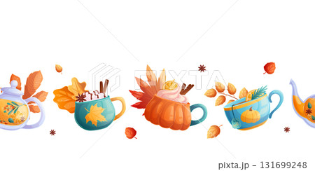 Seamless border with autumn drinks and leaves on a white background. The concept of autumn, tea drinking. Vector illustration for the design of postcards, advertisements, banners, posters, websites. Seamless border with autumn drinks and leaves on a white background. The concept of autumn, tea drinking. Vector illustration for the design of postcards, advertisements, banners, posters, websites. 131699248