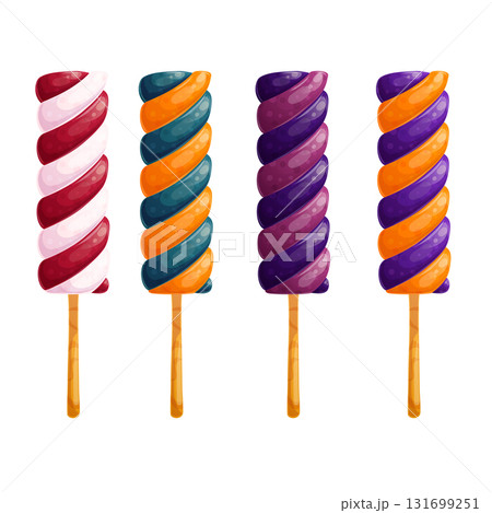 A set of spiral marshmallow candies on a stick. A twisted candy bar with colored stripes. Trick or Treat. The concept of Halloween. Isolated vector illustration for stickers, design, decoration. 131699251