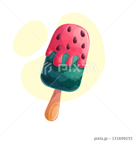 Delicious watermelon ice cream on a stick on a yellow background, watermelon popsicle. The concept of confectionery, baking, cooking. Isolated vector illustration for menu design, posters, banners 131699255