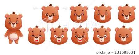 A bear with a diverse set of facial expressions. A colorful happy, calm, surprised, angry, contented, crying face. Cartoon children's vector illustration for the design of postcard, print, sticker A bear with a diverse set of facial expressions. A colorful happy, calm, surprised, angry, contented, crying face. Cartoon children's vector illustration for the design of postcard, print, sticker 131699331