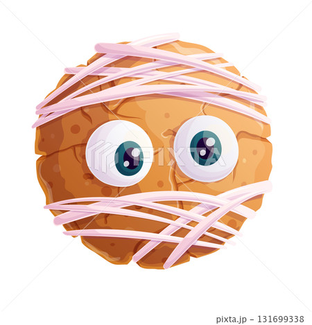 Delicious cookies in the shape of a mummy's face with eyeballs on a white background. The concept of Halloween, a holiday. Isolated vector illustration for stickers, design, decoration. 131699338