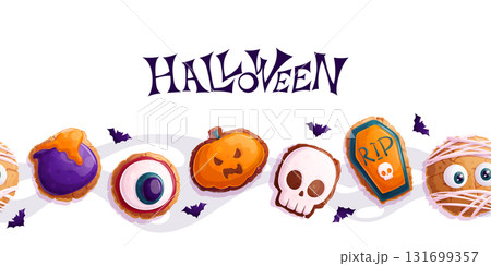 Seamless Halloween border with cookies in the form of a mummy, a cauldron, a skull, eyes, pumpkins on a white background. Trick or treat. Vector illustration for postcards, posters, banners, websites 131699357