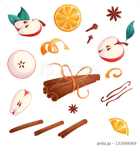 A set of elements of winter spices. Anise, cloves, cinnamon, orange slice, apple slice, zest, vanilla. Isolated vector illustration format for a poster, banner, advertisement 131699368