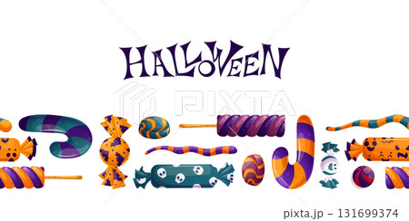 Seamless border with Halloween sweets. Candies, lollipops, marshmallows, caramel sticks. "Trick or treat." Vector illustration for postcards, posters, banners, websites 131699374