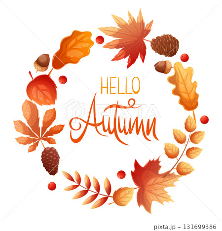 Decorative frame made of colorful autumn leaves on a white background. Round wreath of autumn foliage. "Hello autumn." Vector illustration for the design of postcards, banners, posters. Decorative frame made of colorful autumn leaves on a white background. Round wreath of autumn foliage. "Hello autumn." Vector illustration for the design of postcards, banners, posters. 131699386