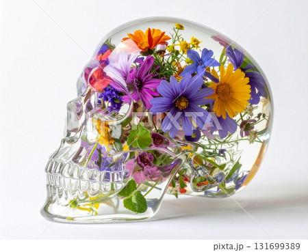 View of a glass skull filled with colorful wildflowers View of a glass skull filled with colorful wildflowers 131699389