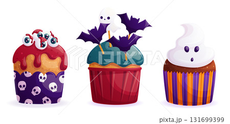 A set of delicious cupcakes decorated with eyeballs, ghosts, and bats. Trick or Treat. The concept of Halloween, a holiday. Isolated vector illustration for stickers, design, decoration. A set of delicious cupcakes decorated with eyeballs, ghosts, and bats. Trick or Treat. The concept of Halloween, a holiday. Isolated vector illustration for stickers, design, decoration. 131699399