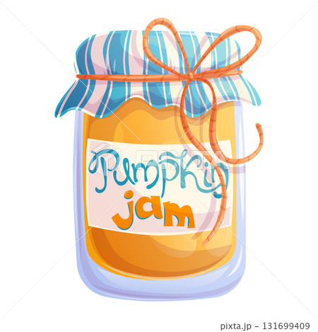 Glass jar of pumpkin jam on a white background. The concept of autumn, harvest, and autumn gifts. Isolated vector illustration for poster, banner, website, menu, advertisement design Glass jar of pumpkin jam on a white background. The concept of autumn, harvest, and autumn gifts. Isolated vector illustration for poster, banner, website, menu, advertisement design 131699409