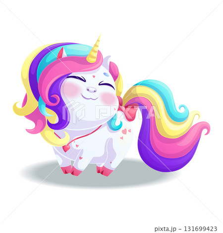 A cute contented unicorn. A charming animal with a bright face and a golden horn on a white background. Isolated vector illustration for design, prints and patterns. 131699423
