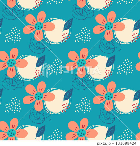 Seamless pattern with decorative floral pattern on a blue background. Vector illustration for the design of postcards, clothing, textiles, banners and posters. 131699424