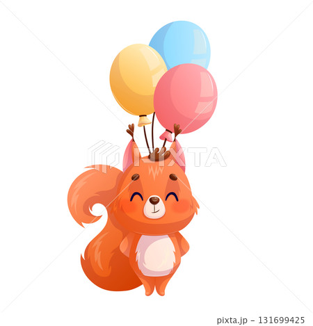 Funny happy cute squirrel with balloons on a white background. Birthday concept, congratulations. Cartoon children's vector illustration for the design of postcard, card, invitation, clothe, sticker 131699425
