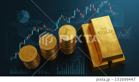 金の価格の高騰と世界経済の中のビジネスマンのミニチュアフィギア 131699447