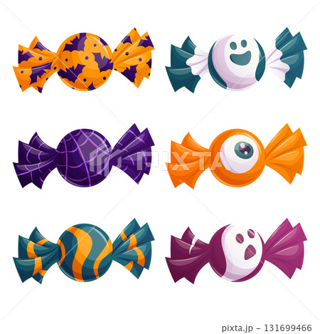 A set of round candies in different wrappers. Trick or Treat. The concept of Halloween, a holiday. Isolated vector illustration for stickers, design, decoration. A set of round candies in different wrappers. Trick or Treat. The concept of Halloween, a holiday. Isolated vector illustration for stickers, design, decoration. 131699466