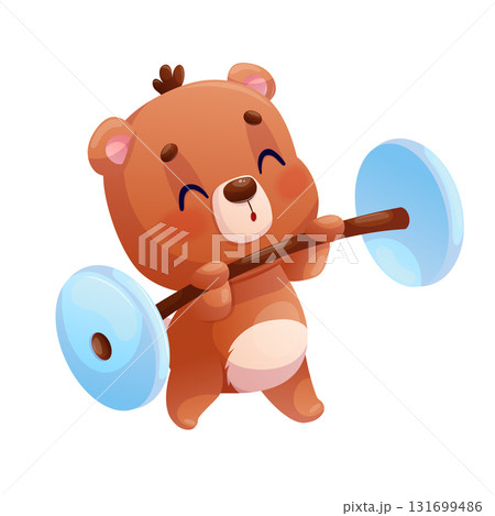 Funny cute bear lifts a barbell on a white background. The concept of a healthy lifestyle, sports activities. Cartoon children's vector illustration for the design of postcard, card, textile, sticker Funny cute bear lifts a barbell on a white background. The concept of a healthy lifestyle, sports activities. Cartoon children's vector illustration for the design of postcard, card, textile, sticker 131699486