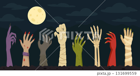 Halloween Zombie Hands Under Moon, Vector Illustration. Cartoon Horror Skeleton, Mummy, Monster Arms Rising from Ground at Night. Halloween Background for Poster, Banner, Print, Stickers 131699559