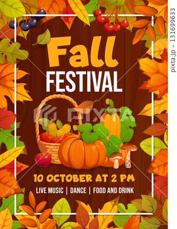Fall festival party poster with autumn season leaves, ripe pumpkins and apples, vector invitation. Fall festival or picnic concert party poster with harvest basket of pumpkins, mushrooms and fruits 131699633