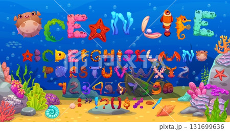 Underwater font or sea animals typeface of cartoon ocean characters, vector type. Marine English alphabet letters and undersea font of fishes, seahorse and shells with jellyfish, crab and funny turtle 131699636