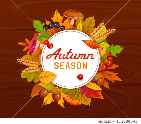 Fall season round banner with frame wreath of autumn leaves foliage, vector wooden background. Oak acorns, mushrooms or berries and wheat stalks harvest with autumn leaf for fall seasonal greetings Fall season round banner with frame wreath of autumn leaves foliage, vector wooden background. Oak acorns, mushrooms or berries and wheat stalks harvest with autumn leaf for fall seasonal greetings 131699643