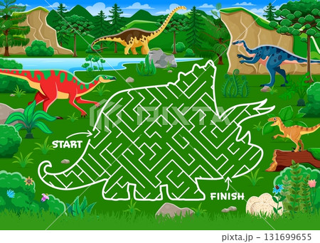 Kids labyrinth maze game with triceratops silhouette. Help to dinosaur find the exit. Labyrinth maze or riddle vector worksheet with hypselosaurus, aralosaurus, anatotitan and velociraptor dinosaurs 131699655
