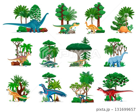 Prehistoric dinosaur characters in a vibrant, lush forest environment. Vector set of cartoon dino reptiles is nestled among rich greenery, showcasing variety of species and plants of the Jurassic era 131699657