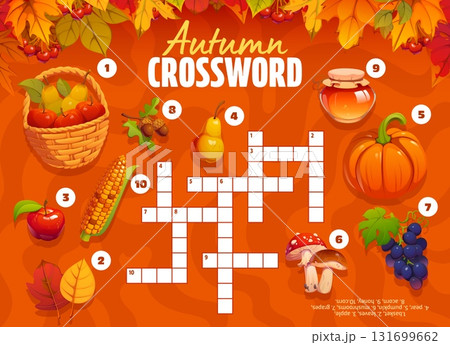 Crossword quiz game grid with thanksgiving and autumn fall season harvest. Vector fun crossword puzzle for kids featuring pumpkins, apples, mushrooms, corn, leaves, honey, acorns, and a fruit basket 131699662