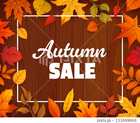 Autumn fall leaves sale banner. Vector promo poster, cartoon coupon, special price offer for store, mall and market shopping, promotional card or voucher with fallen leaves on wooden rustic background 131699668