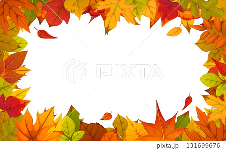 Autumn fall leaves and Thanksgiving frame with red, orange and yellow foliage, vector background. Folling leaves frame of maple, oak or rowan and ash and elm tree foliage for Thansgiving holiday 131699676