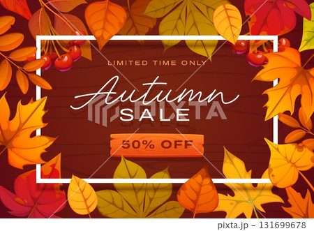 Autumn sale frame banner with falling autumnal leaves, cherry branches, and wooden background. Cartoon vector promotional festive fall seasonal coupon offering 50 percent off for a limited time 131699678