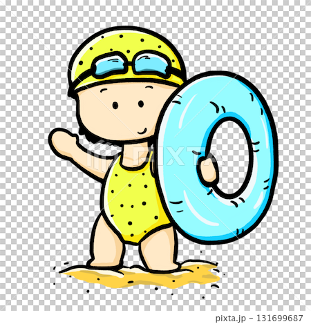 Young girl holding swimming ring standing on beach cartoon illustration 131699687