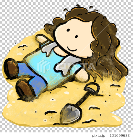 Little girl lying on beach with shovel beside cartoon illustration Little girl lying on beach with shovel beside cartoon illustration 131699688