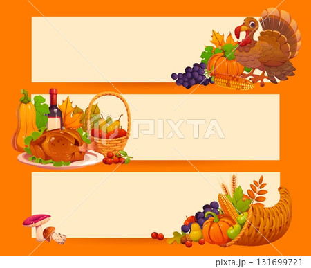 Happy Thanksgiving day holiday banners. Cartoon vector festive templates with turkey bird, cornucopia, roasted turkey, mushrooms, pumpkins, fruit basket, and seasonal leaves for holiday celebration Happy Thanksgiving day holiday banners. Cartoon vector festive templates with turkey bird, cornucopia, roasted turkey, mushrooms, pumpkins, fruit basket, and seasonal leaves for holiday celebration 131699721