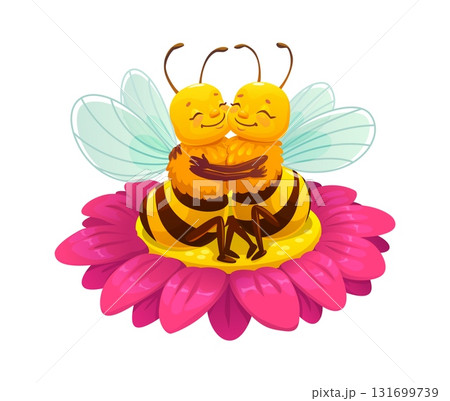 Cartoon cheerful honey bee characters couple hugging each other while sitting on a bright pink flower. Cute vector insects pair personages in love exude romantic springtime vibe. Apiary or love symbol Cartoon cheerful honey bee characters couple hugging each other while sitting on a bright pink flower. Cute vector insects pair personages in love exude romantic springtime vibe. Apiary or love symbol 131699739