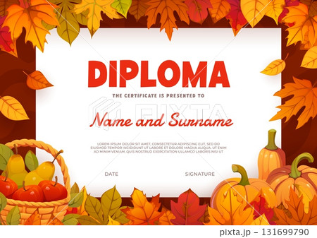Fall season kids diploma with falling autumn leaves, orange pumpkins and fruits basket with apples and pears. Vector certificate template. Child award border for participation, achievement, graduation Fall season kids diploma with falling autumn leaves, orange pumpkins and fruits basket with apples and pears. Vector certificate template. Child award border for participation, achievement, graduation 131699790