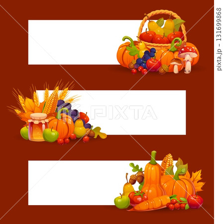 Autumn banners with seasonal Thanksgiving harvest of fruits and vegetables, pumpkins and berries, mushrooms and honey and with autumn fall leaves. Cartoon vector blank templates, horizontal cards 131699868
