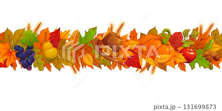 Thanksgiving Day border with pumpkin, apple or pear and grapes vine, vector banner. Autumn harvest of corn, wheat and acorns with pilgrim hat and fall leaves foliage for Thanksgiving holiday border Thanksgiving Day border with pumpkin, apple or pear and grapes vine, vector banner. Autumn harvest of corn, wheat and acorns with pilgrim hat and fall leaves foliage for Thanksgiving holiday border 131699873