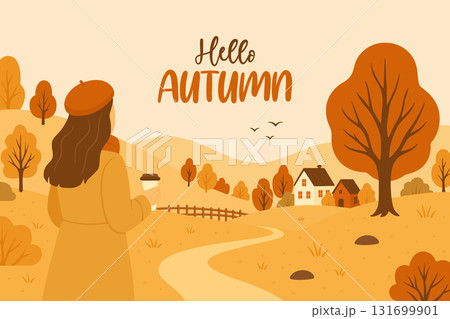 Hello Autumn Landscape Vector Illustration. Flat Cartoon Girl in Beret with Coffee Cup Looking at Countryside Road, Trees and Village. Seasonal Autumn Background, Autumn Scene, Poster Hello Autumn Landscape Vector Illustration. Flat Cartoon Girl in Beret with Coffee Cup Looking at Countryside Road, Trees and Village. Seasonal Autumn Background, Autumn Scene, Poster 131699901