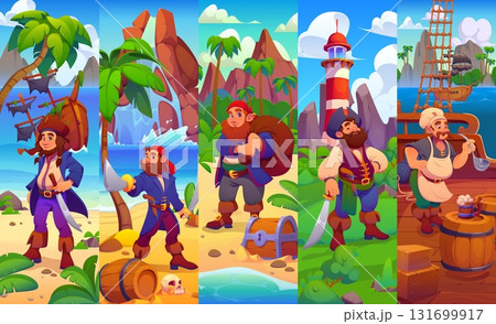 Cartoon pirate and corsair ship crew characters collage, vector Caribbean adventure. Pirate captain with treasure chest, boatswain with barrel and ship cook, sailor skipper and sunken pirate sailboat 131699917