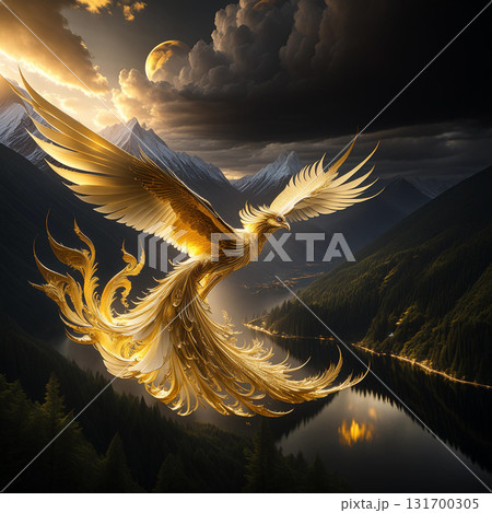 金色の不死鳥,火の鳥の飛翔,Generative AI AI画像 131700305