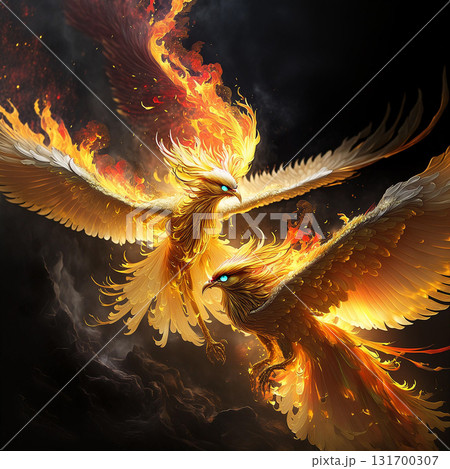 金色の不死鳥,火の鳥の飛翔,Generative AI AI画像 131700307