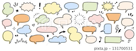Speech dialog drawn set. Speech bubble and dialog element in hand drawn cartoon style comic cloud, chat box, graphic manga effect. Doodle emphasis, heart, arrow element. Vector 131700531