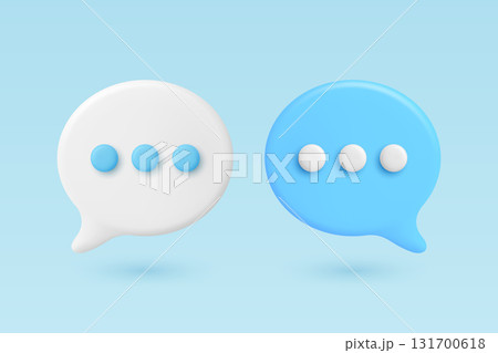 Vector 3d Chat Bubbles. White and Blue Speech Balloons with Dots. Modern Messenger Icon, Communication Symbol, Chat App UI Element, Social Media Message Design Template 131700618