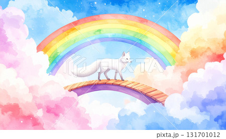 虹の橋を渡る白狐とふんわり雲のメルヘン世界 131701012