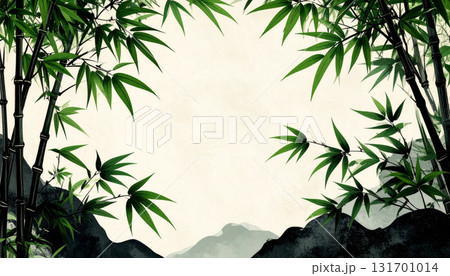 竹と山のシルエットが彩る和風ナチュラル背景 竹と山のシルエットが彩る和風ナチュラル背景 131701014